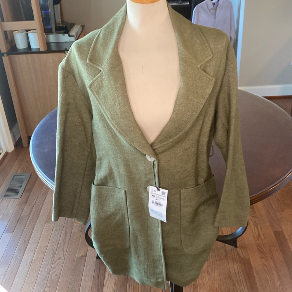 Zara linen blend jade green long blazer size XS NWT missing belt
